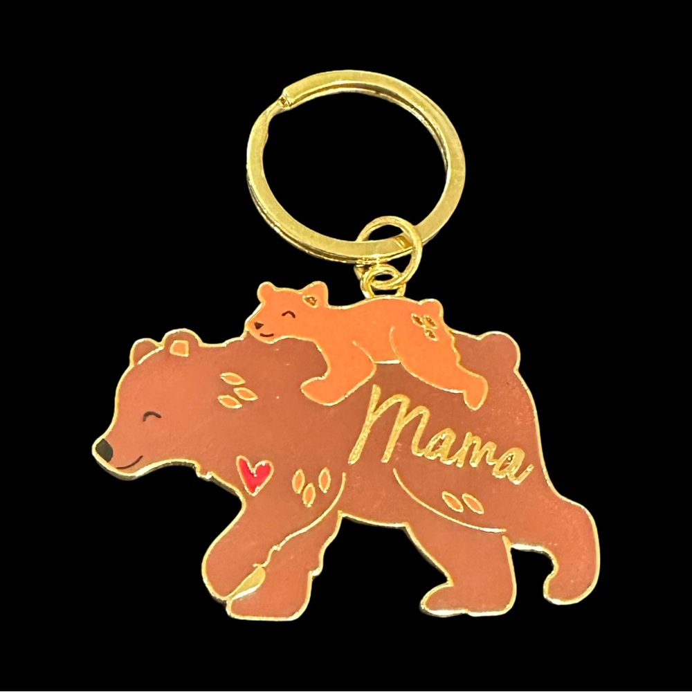 Mama Bear Keychain Gold Tone Brown Enamel Double Sided